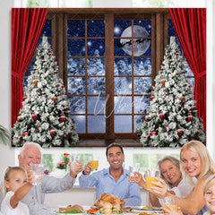 Lofaris Christmas Tree Red Curtain Wood Door Snow Moon Night Backdrop
