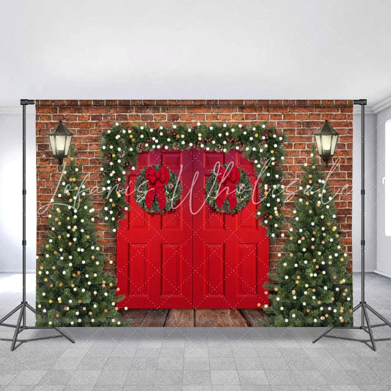 Lofaris Christmas Tree Red Door Light Brick Backdrops