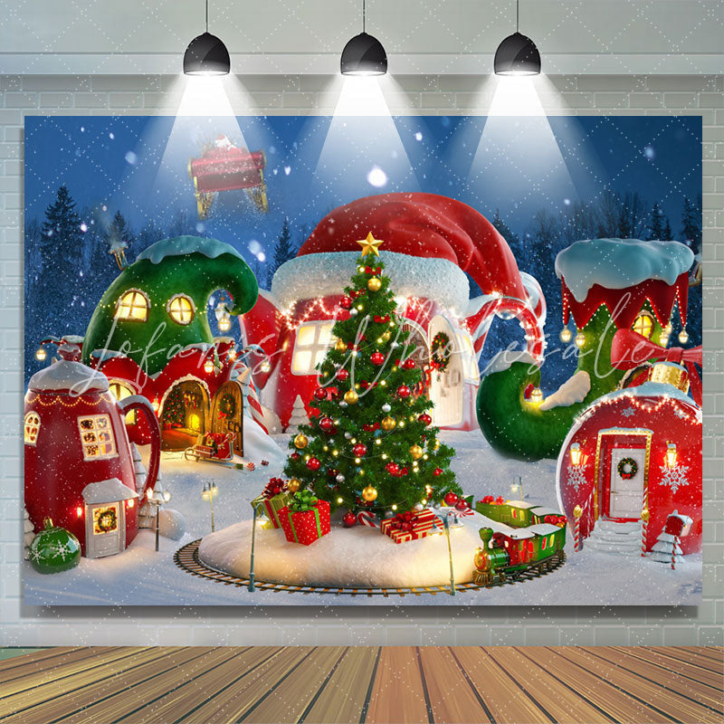 Lofaris Christmas Tree Santa Dreamy Red House Backdrop