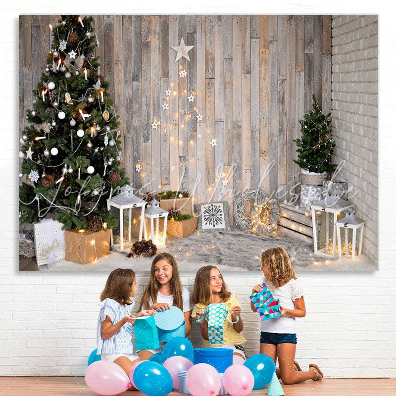 Lofaris Xmas Tree Shining Rustic Wood Photoshoot Backdrops for Kids