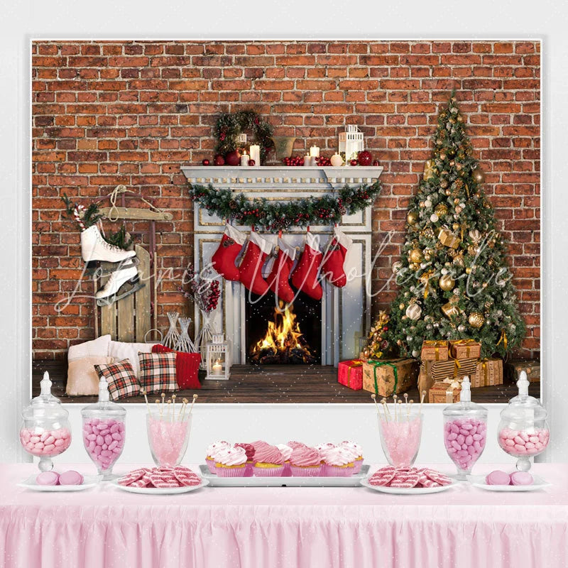 Lofaris Christmas Tree Socks Fireplace Bricks Theme Backdrop