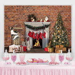 Lofaris Christmas Tree Socks Fireplace Bricks Theme Backdrop