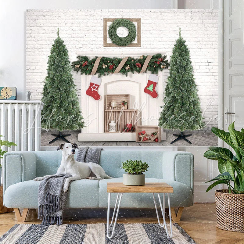 Lofaris Christmas Tree Socks White Brick Wall Backdrop for Party
