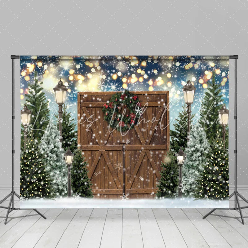 Lofaris Christmas Tree Winter Gold Glitter Wood Door Party Backdrop for Photos