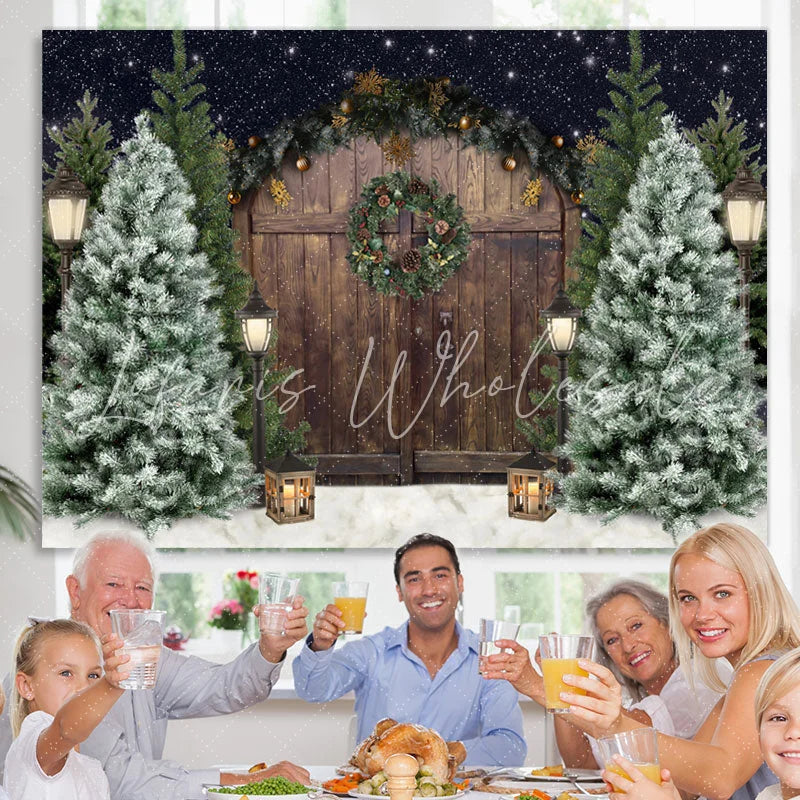 Lofaris Christmas Tree Winter Snow Wooden Door Backdrop for Photo