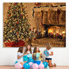 Lofaris Christmas Tree With Fireplace And Candles Backdrop