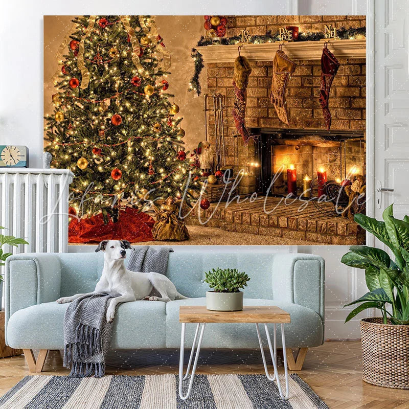 Lofaris Christmas Tree With Fireplace And Candles Backdrop