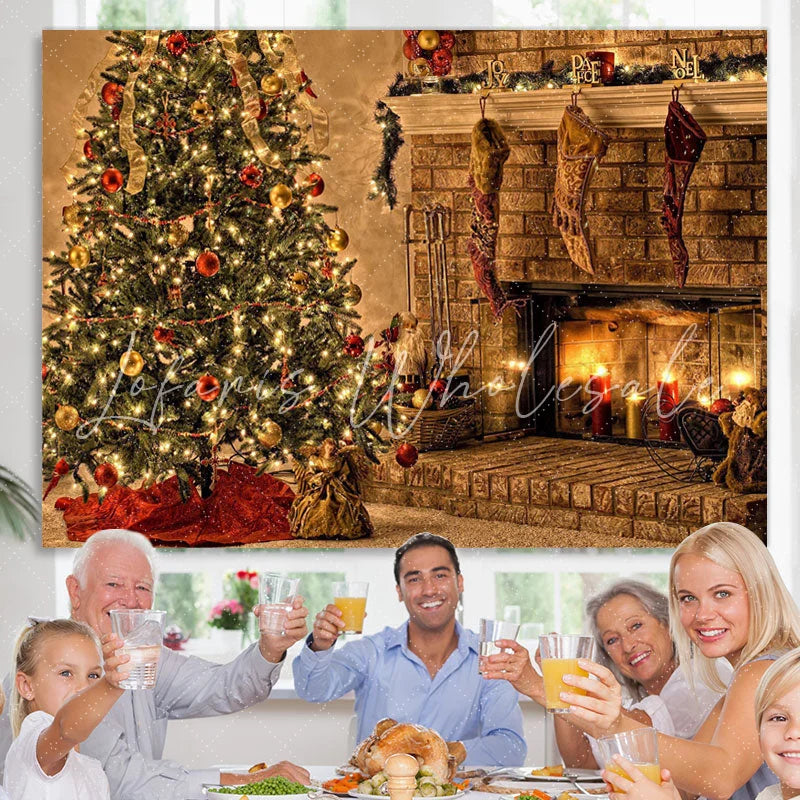 Lofaris Christmas Tree With Fireplace And Candles Backdrop