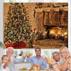 Lofaris Christmas Tree With Fireplace And Candles Backdrop