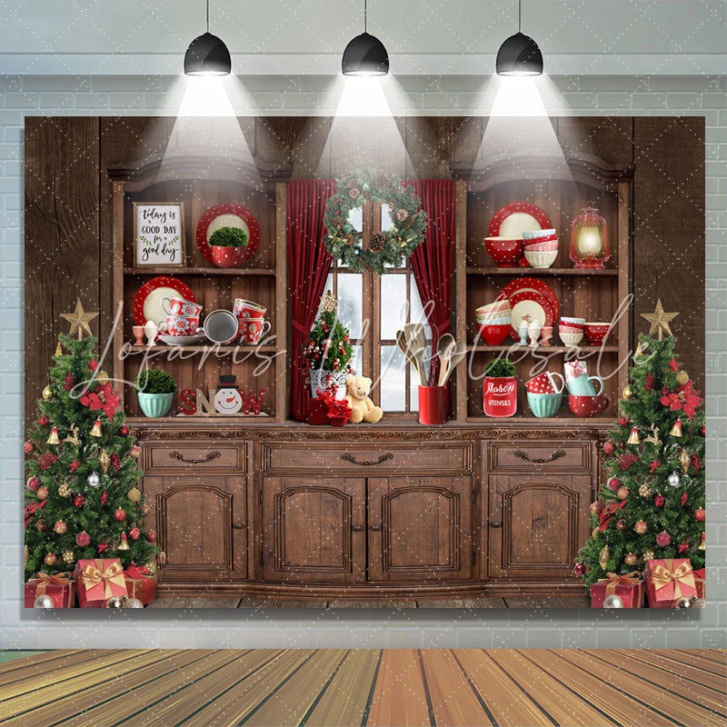 Lofaris Christmas Tree Wood Cupboard Red Backdrop for Party