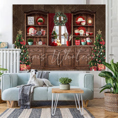 Lofaris Christmas Tree Wood Cupboard Red Backdrop for Party