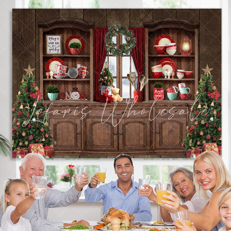 Lofaris Christmas Tree Wood Cupboard Red Backdrop for Party