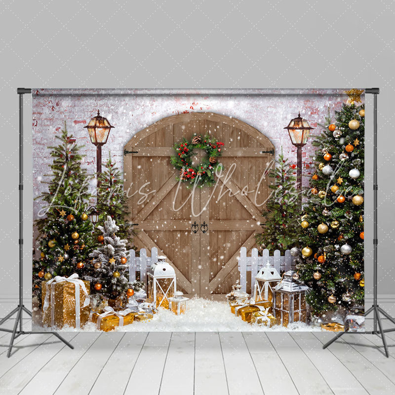 Lofaris Christmas Tree Wreath Brown Gate Photo Backdrop