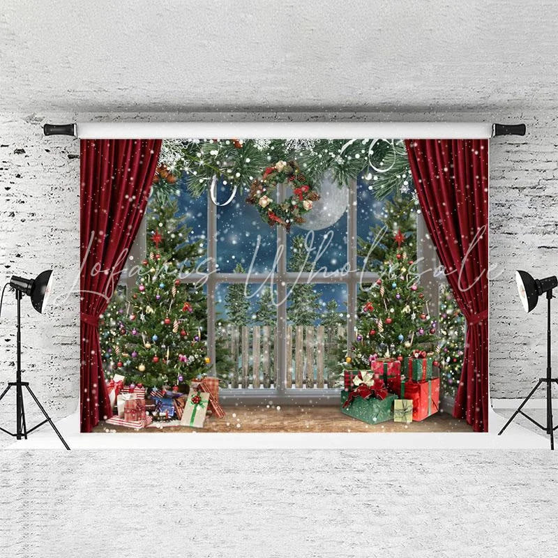 Lofaris Christmas Tree Wreath Moon Party Backdrop