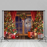 Lofaris Christmas Wreath And Trees Beside Window Backdrop