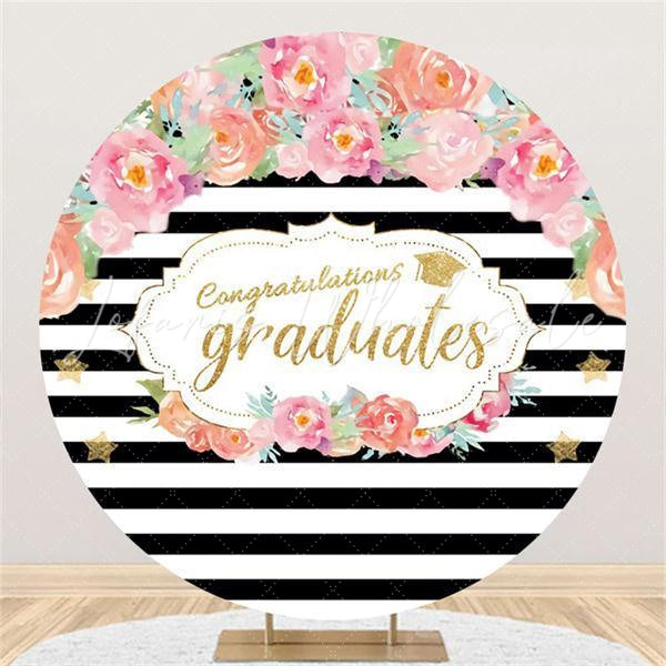 Lofaris Circle Black Stripe Pink Flower Graduation Backdrop