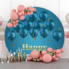 Lofaris Circle Blue Balloons Gold Happy Birthday Backdrop