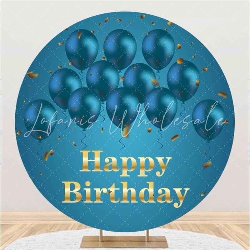 Lofaris Circle Blue Balloons Gold Happy Birthday Backdrop