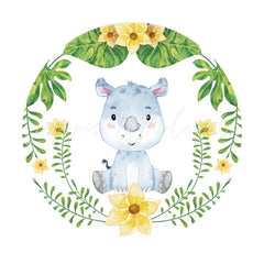 Lofaris Circle Blue Hippo Yellow Flower Happy Birthday Backdrop