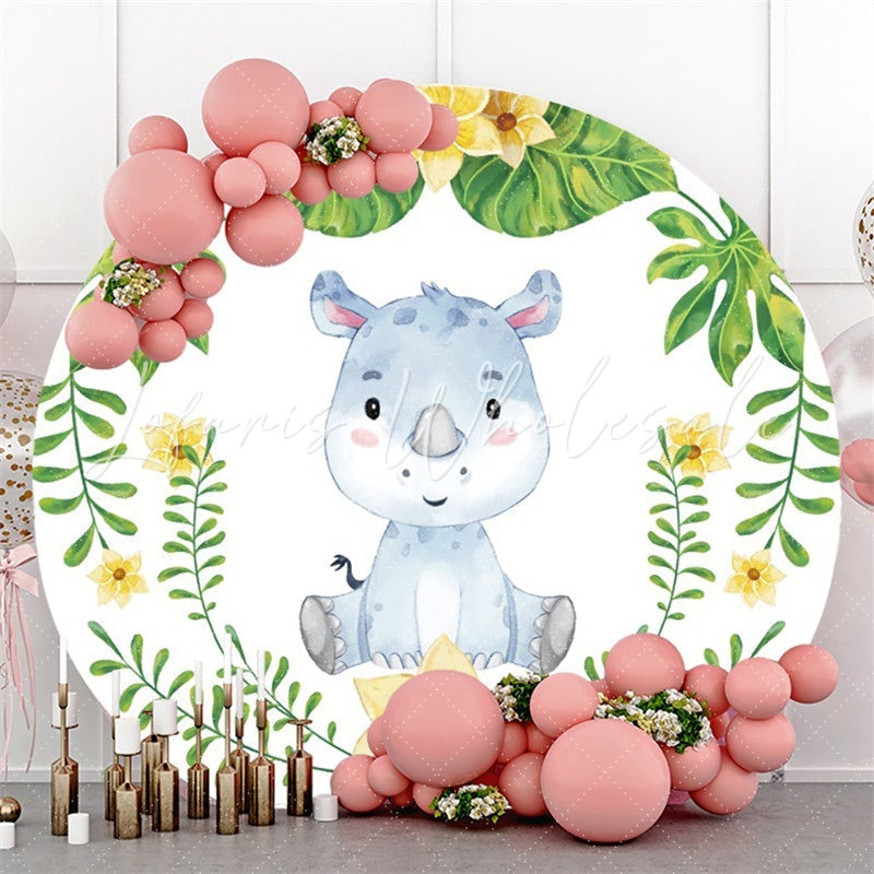 Lofaris Circle Blue Hippo Yellow Flower Happy Birthday Backdrop