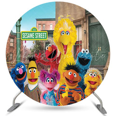 Lofaris Circle Cartoon Dolls Round Street Birthday Backdrop