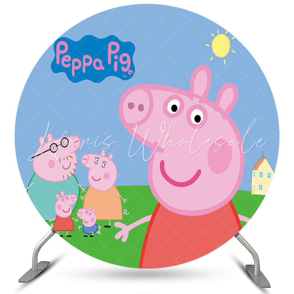 Lofaris Circle Cartoon Pink Pigs Light Blue Birthday Backdrop