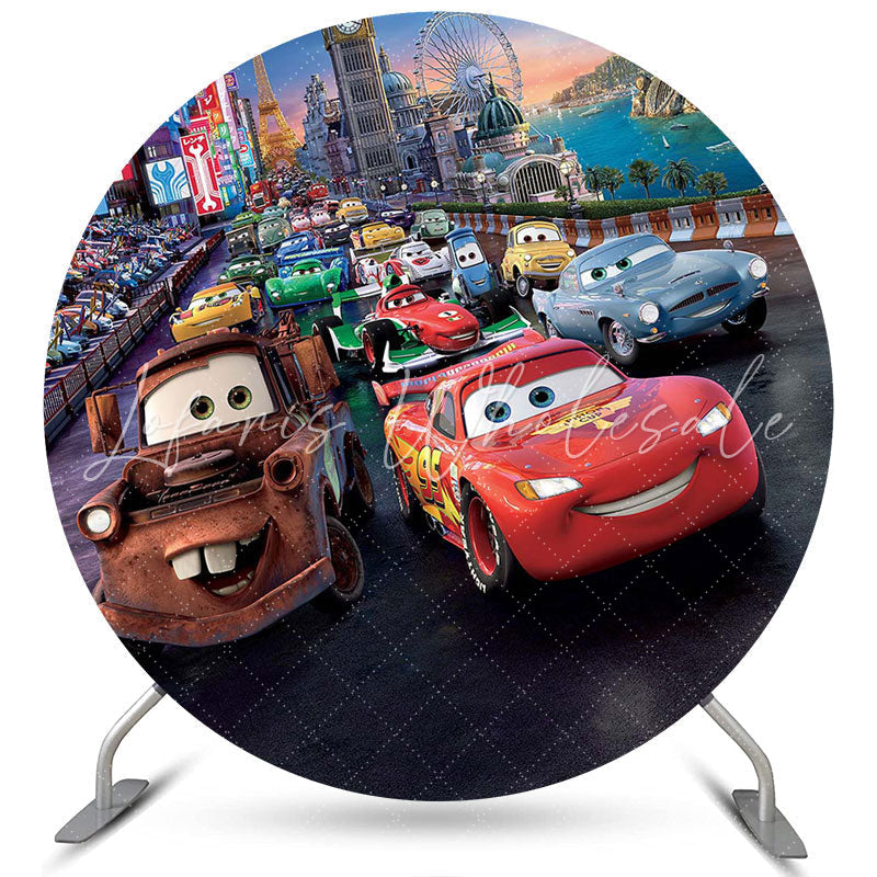Lofaris Circle Cartoon Racing Car Boys Birthday Backdrop Banner