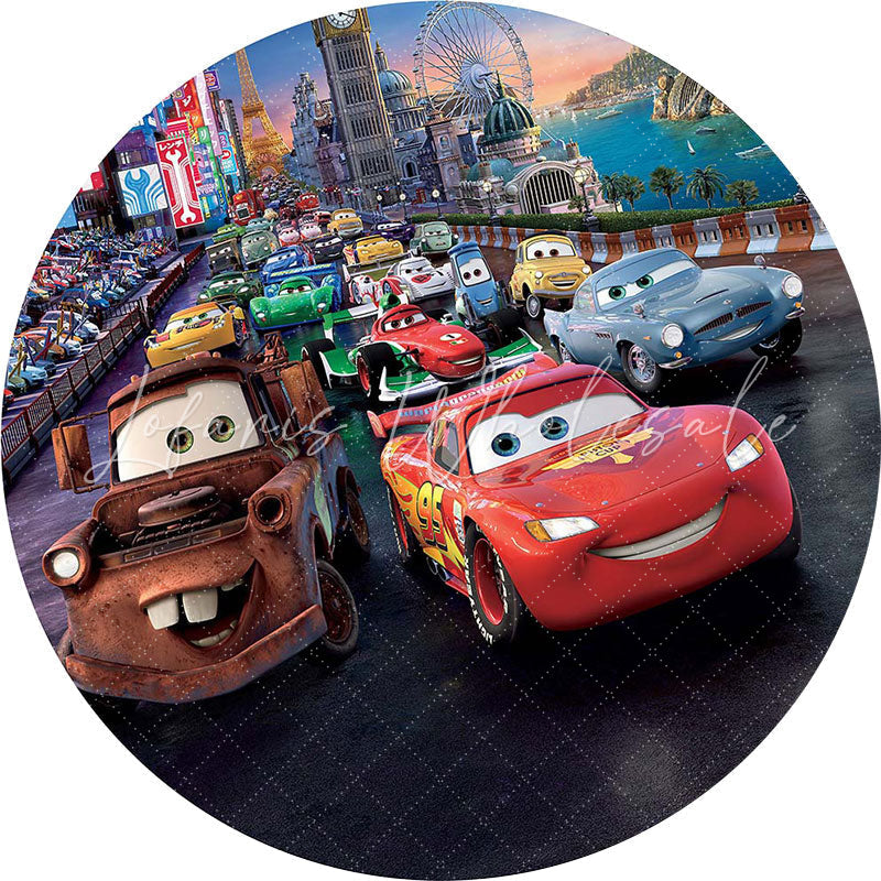 Lofaris Circle Cartoon Racing Car Boys Birthday Backdrop Banner