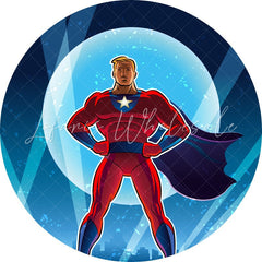 Lofaris Circle Cartoon Super Hero Blue Happy Birthday Backdrop