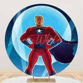 Lofaris Circle Cartoon Super Hero Blue Happy Birthday Backdrop