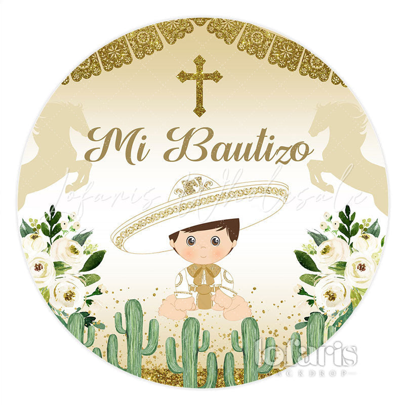 Lofaris Circle Cowboy Mi Bautizo Floral Baptism Backdrop