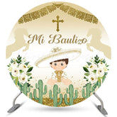 Lofaris Circle Cowboy Mi Bautizo Floral Baptism Backdrop