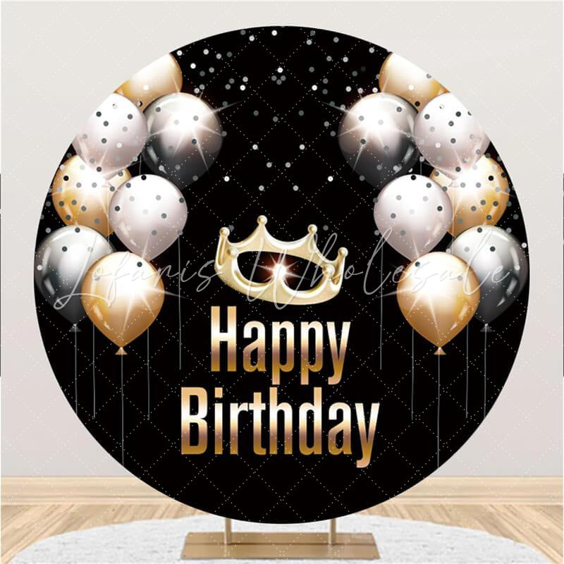 Lofaris Circle Crown And Balloons Happy Birthday Backdrop