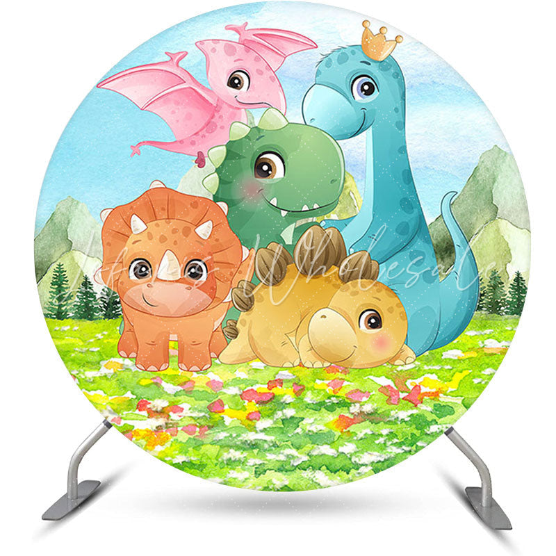 Lofaris Circle Dinosaur Family Grass Kids Birthday Backdrop
