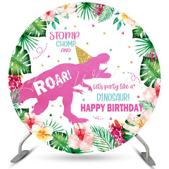 Lofaris Circle Flower Pink Red Dinosaur Happy Birthday Backdrop