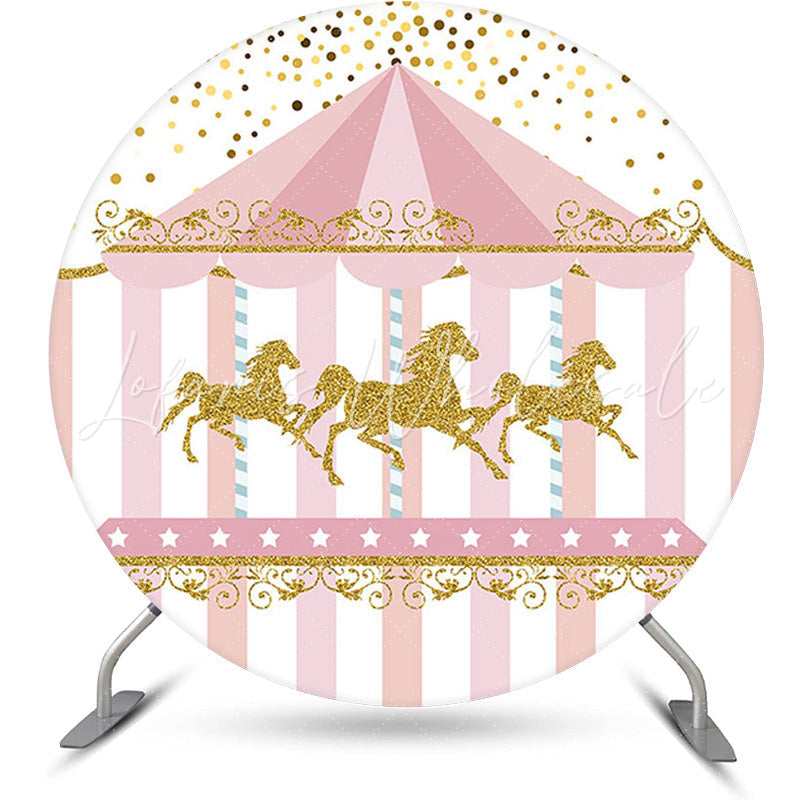Lofaris Circle Gold Glitter Carousel Pink Birthday Backdrop