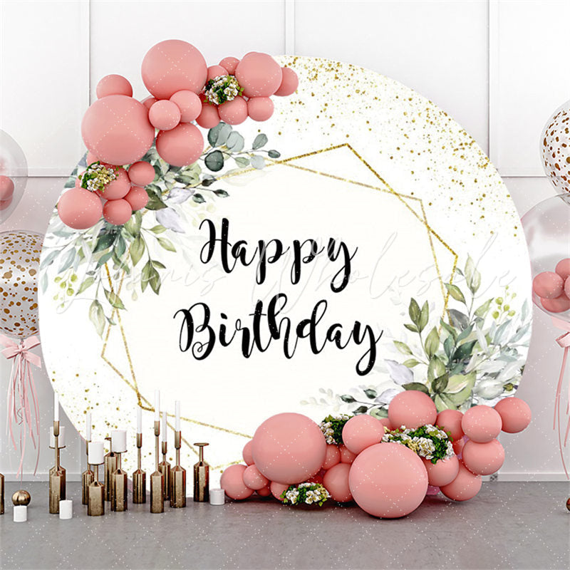 Lofaris Circle Green Leaves Glitter Happy Birthday Backdrop