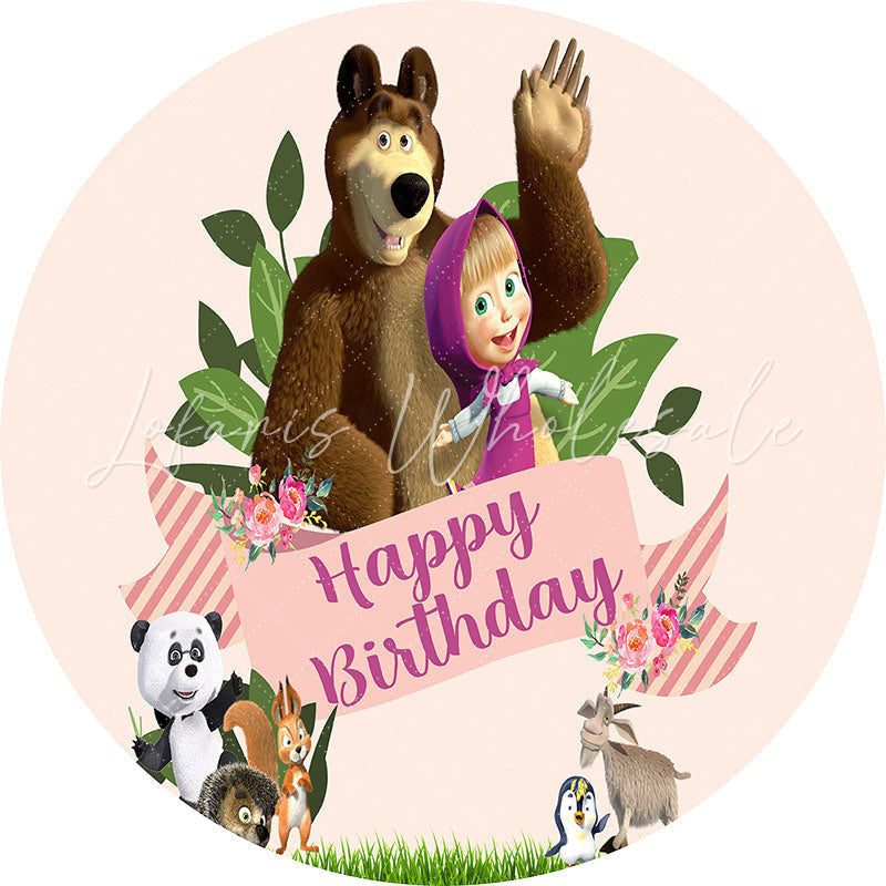 Lofaris Circle Little Girl And Animals Happy Birthday Backdrop