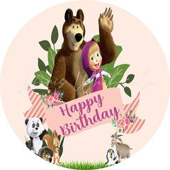 Lofaris Circle Little Girl And Animals Happy Birthday Backdrop
