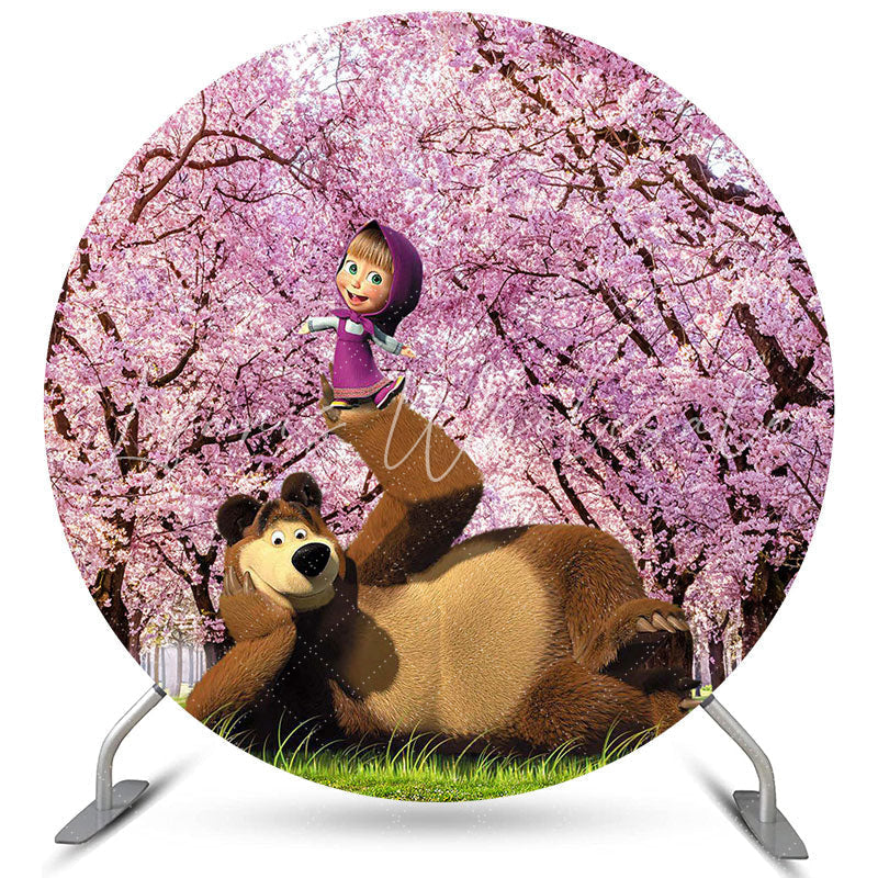 Lofaris Circle Little Girl And Bear Round Birthday Backdrop