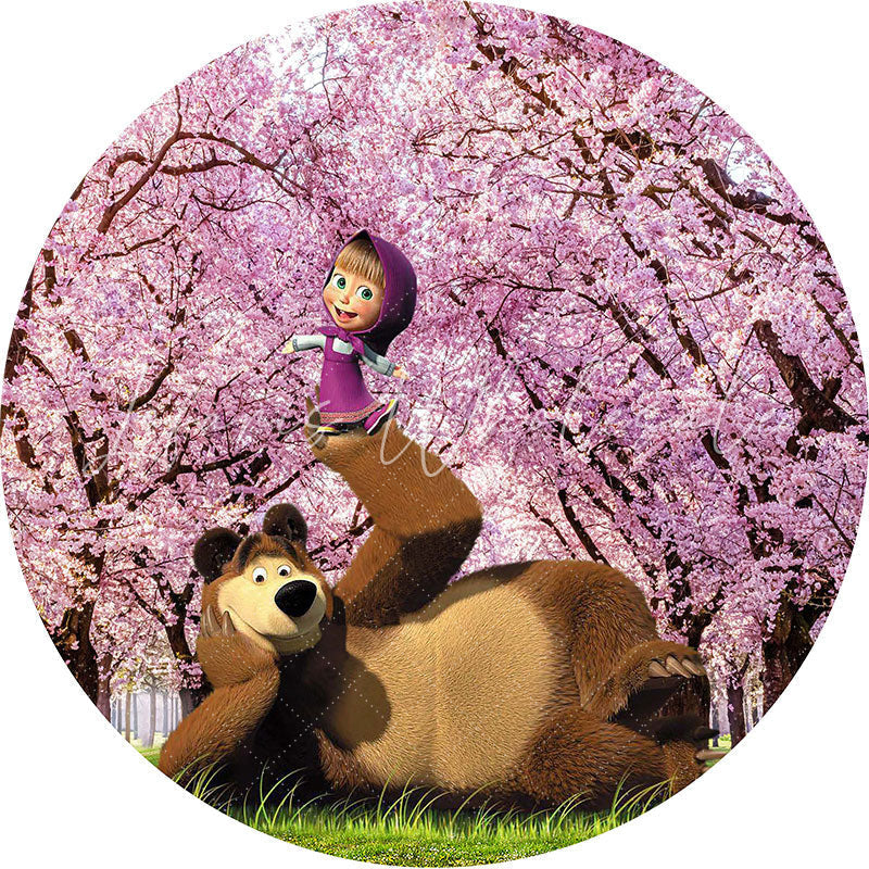 Lofaris Circle Little Girl And Bear Round Birthday Backdrop