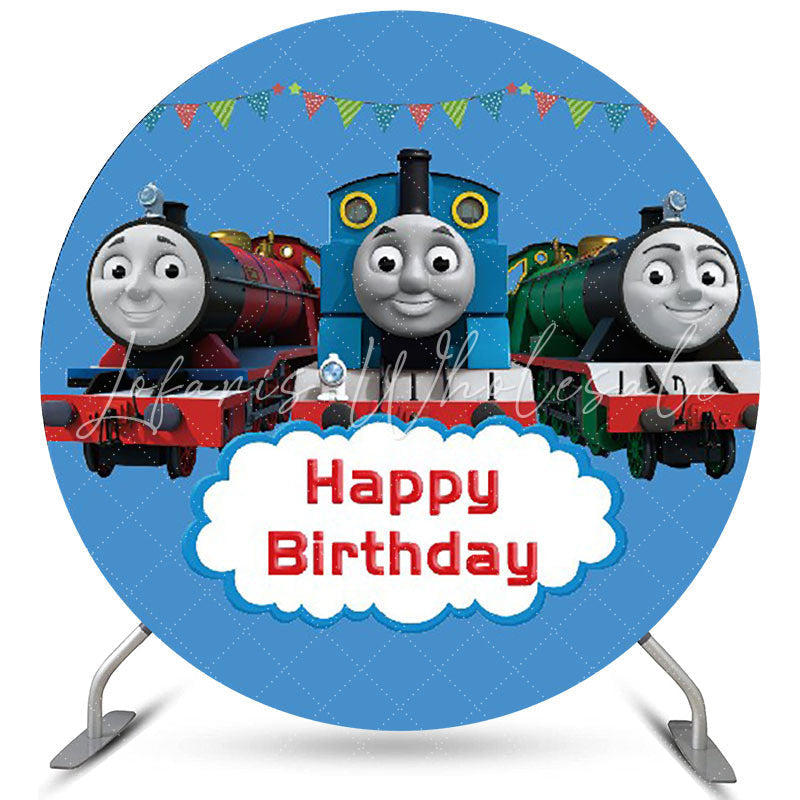 Lofaris Circle Little Train Blue Happy Boys Birthday Backdrop