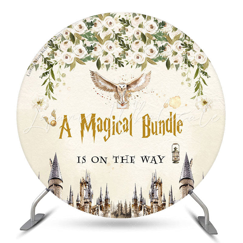 Lofaris Circle Owl Letter Floral Beige Baby Shower Backdrop