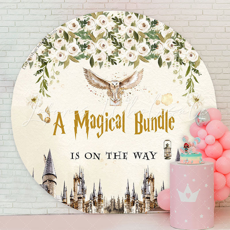 Lofaris Circle Owl Letter Floral Beige Baby Shower Backdrop