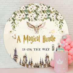 Lofaris Circle Owl Letter Floral Beige Baby Shower Backdrop