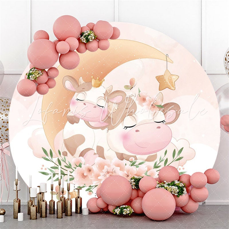 Lofaris Circle Pink Cow And Flower Baby Shower Party Backdrop