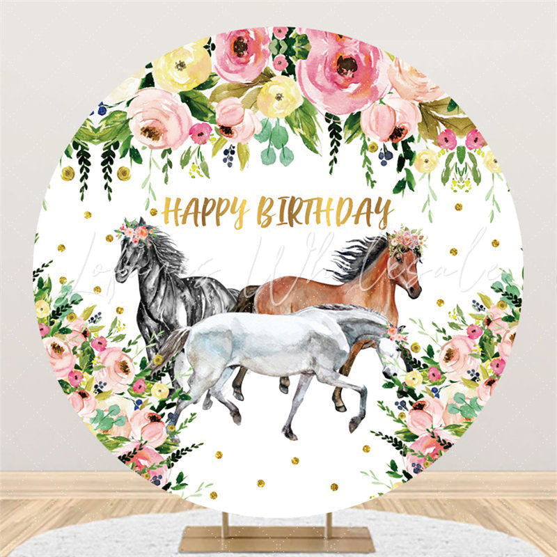 Lofaris Circle Pink Floral And Horse Happy Birthday Backdrop