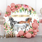Lofaris Circle Pink Floral And Horse Happy Birthday Backdrop