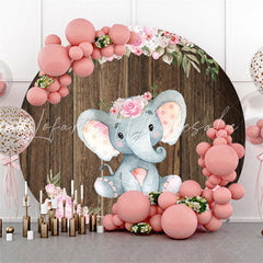 Lofaris Circle Pink Floral Elephant Wood Baby Shower Backdrop