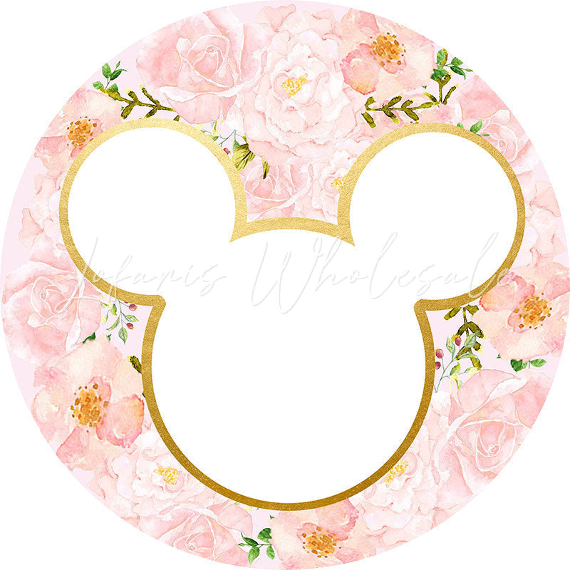 Lofaris Circle Pink Floral White Mouse Girls Birthday Backdrop